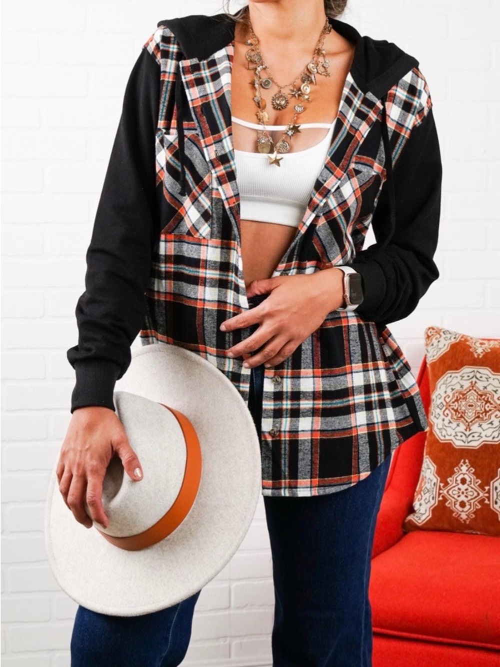 Ambiance | NIP Hooded Plaid Flannel Oversized Boyfriend Style Shacket Shirt S - Picture 4 of 5